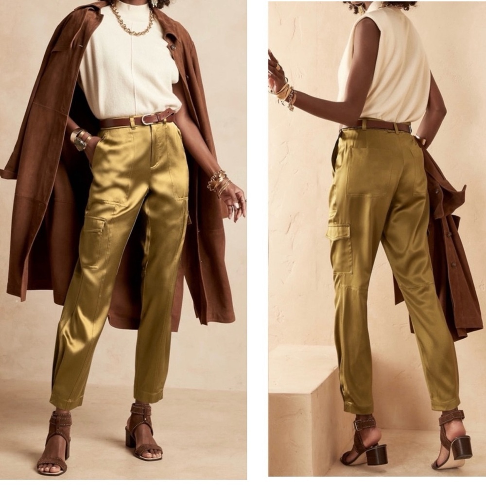 Banana Republic Allure 100% silk cargo pants in olive green Sz 6 NWOT classy